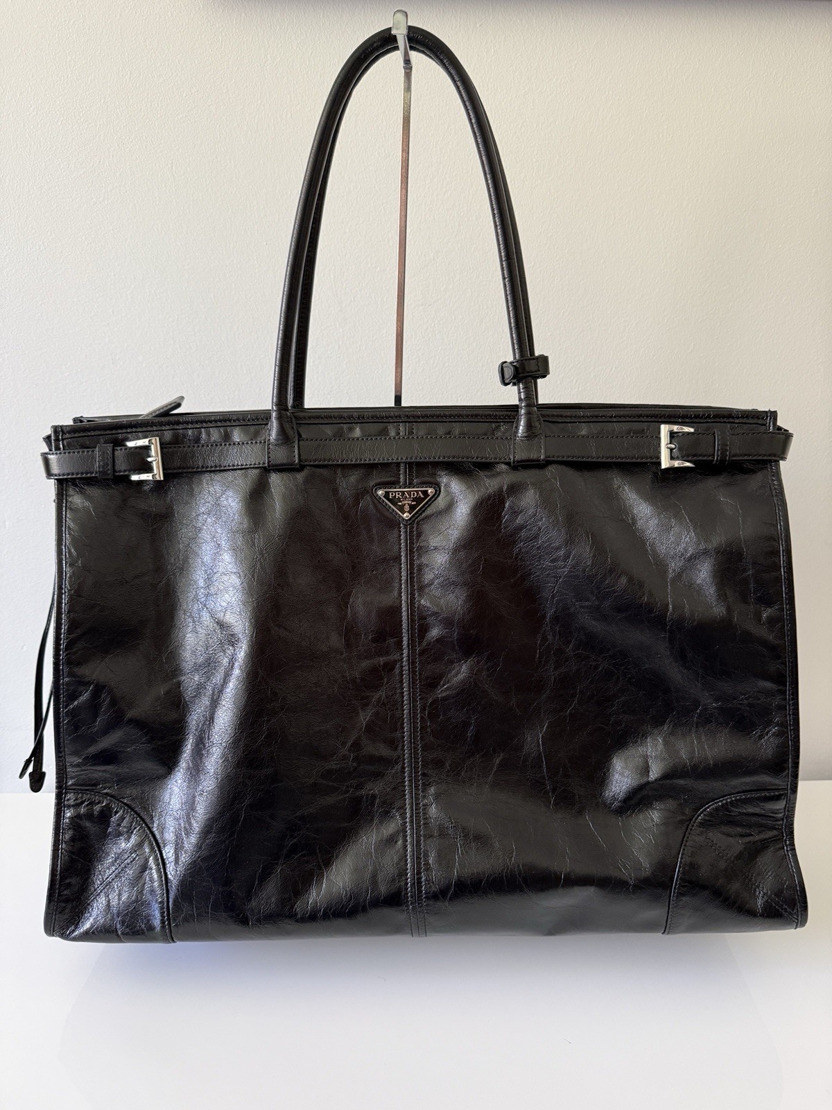PRADA Men\'s Bonnie Leather Top Handle Bag Handbag, Black