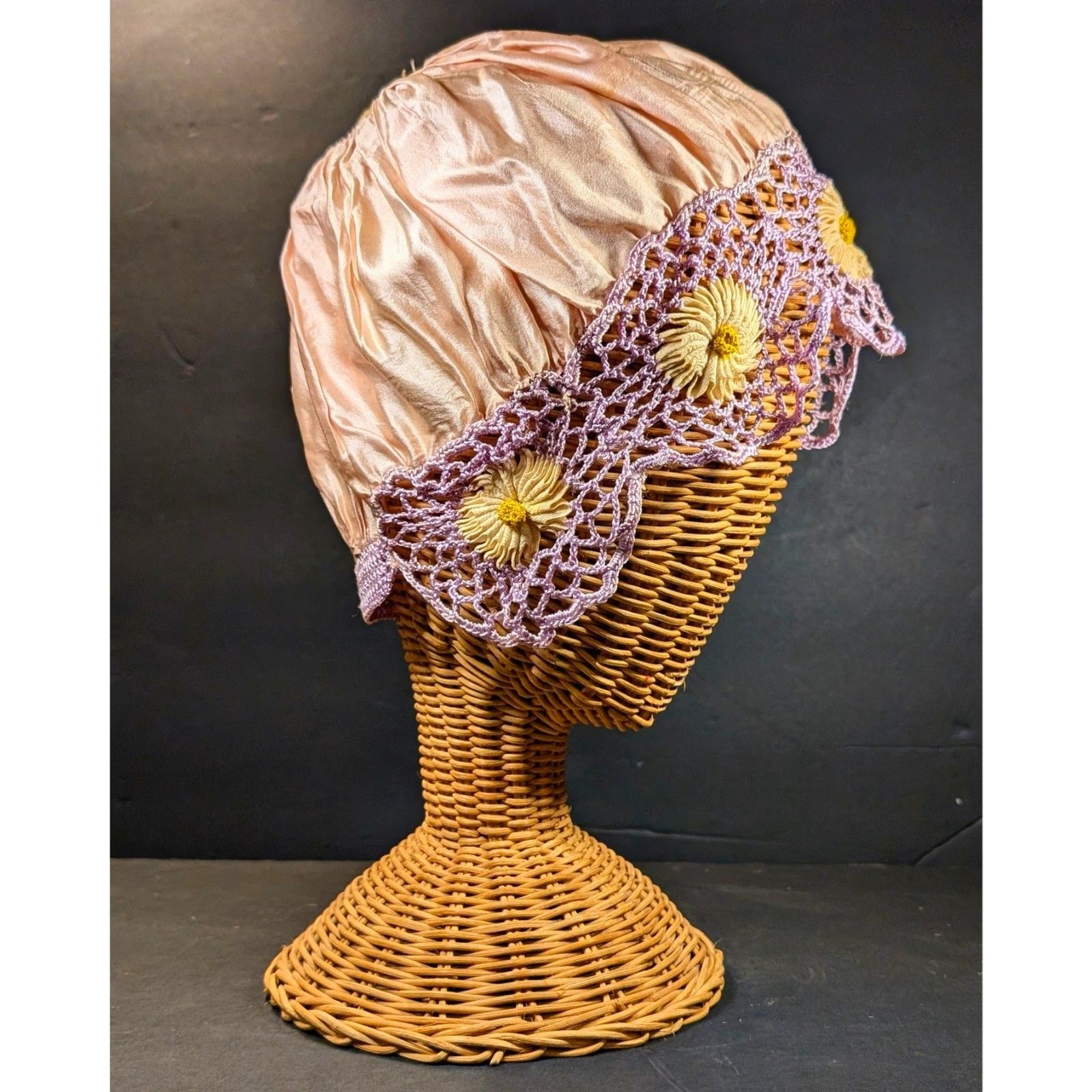 1920s Flapper Boudoir Cap Pink Silk Lavender Crochet Daisy Bonnet OS