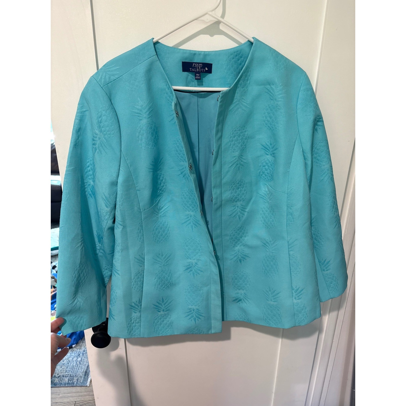 RSVP by Talbots Blue Pineapple Jacquard Collarless Jacket 18W Hook Eye Closure