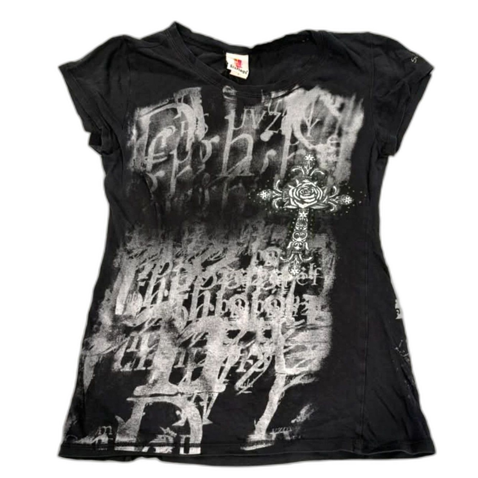 VTG Y2K Six Flags Gothic Cross Angel Wings Graphic T-Shirt Mall Goth Grunge S