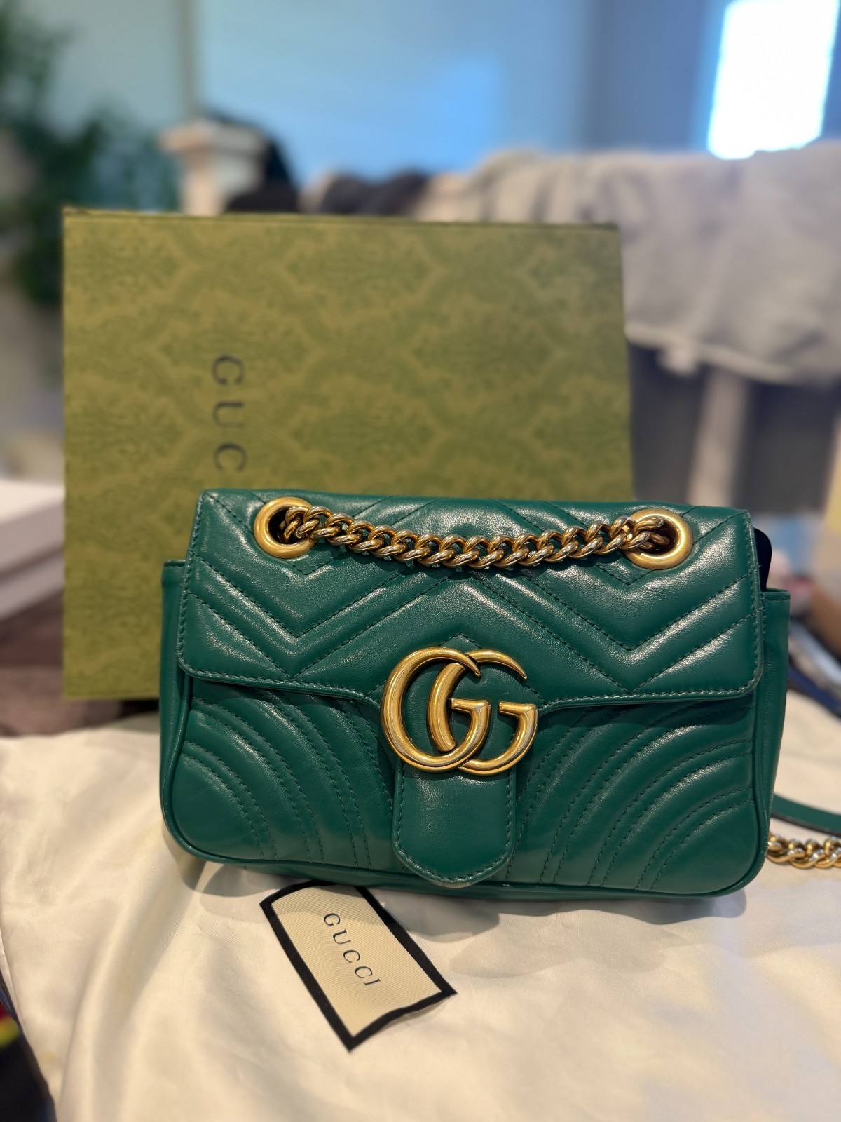 AUTH Gucci GG Marmont Small Matelasse Bag Green Quilted Leather COA Included