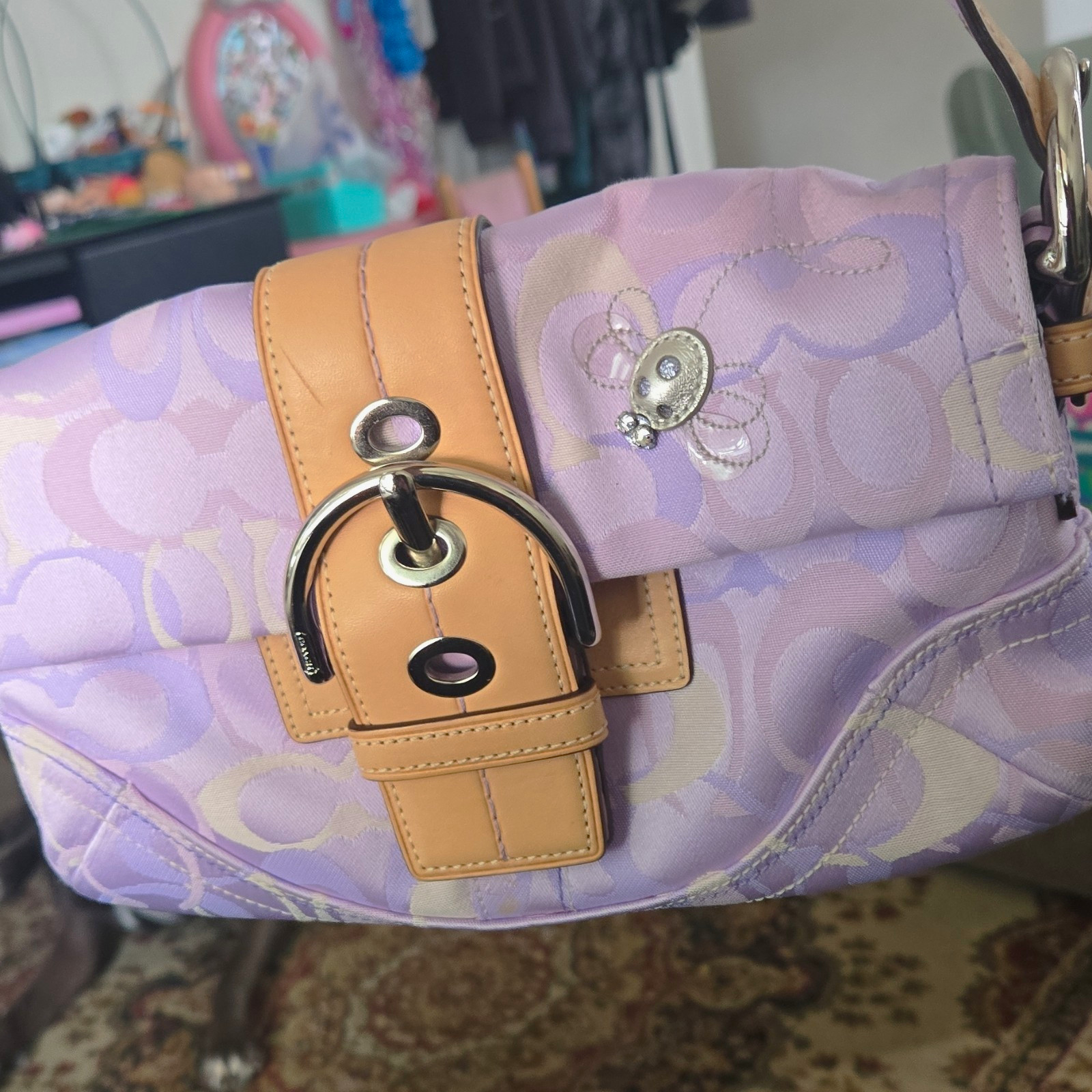 Coach Signature Purple Jacquard Canvas Shoulder Bag Zip, Detach/Adj Strap Small