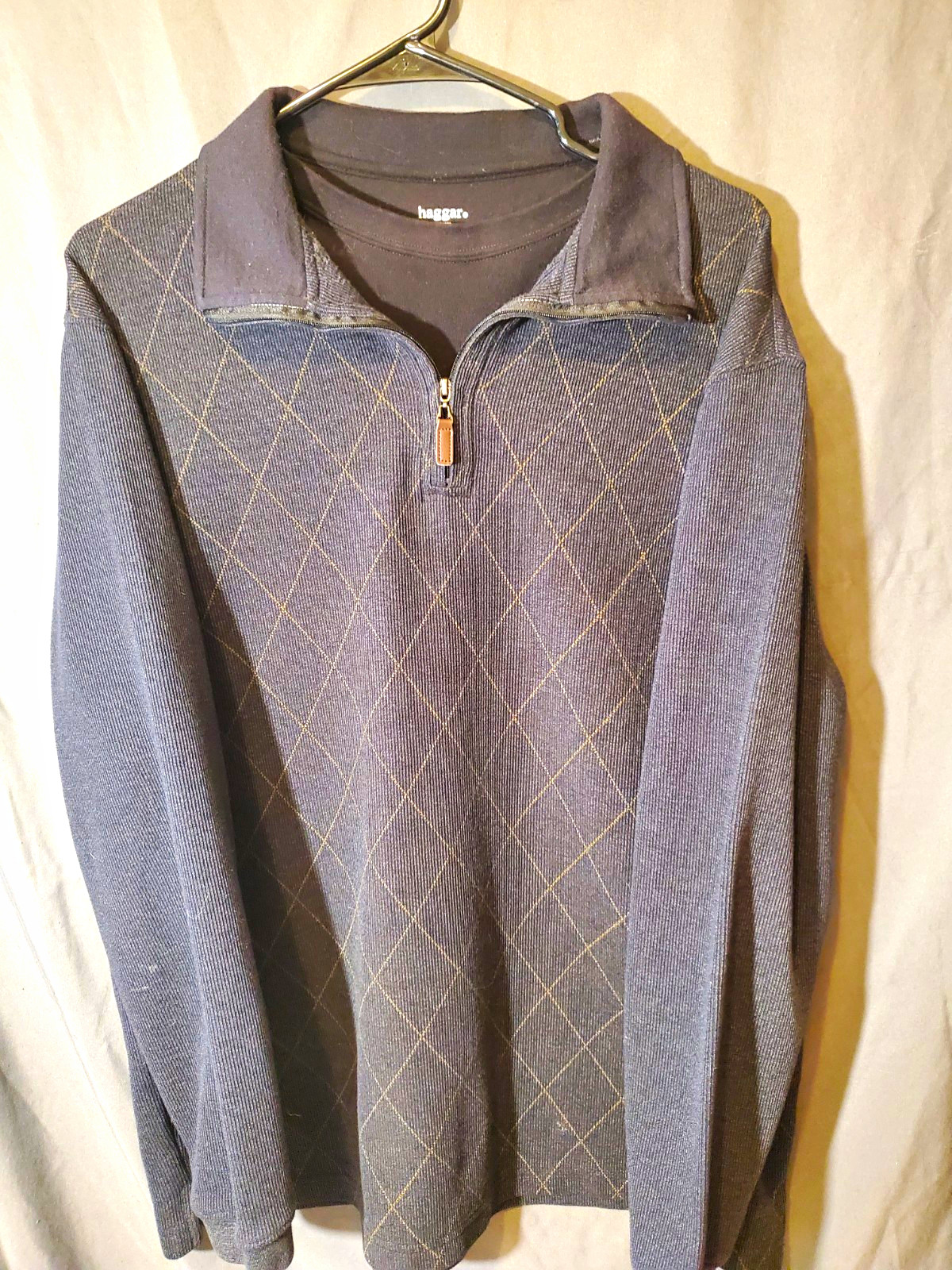Haggar Men’s Gray Argyle 1/4 Zip Collared Pullover Sweater Size L