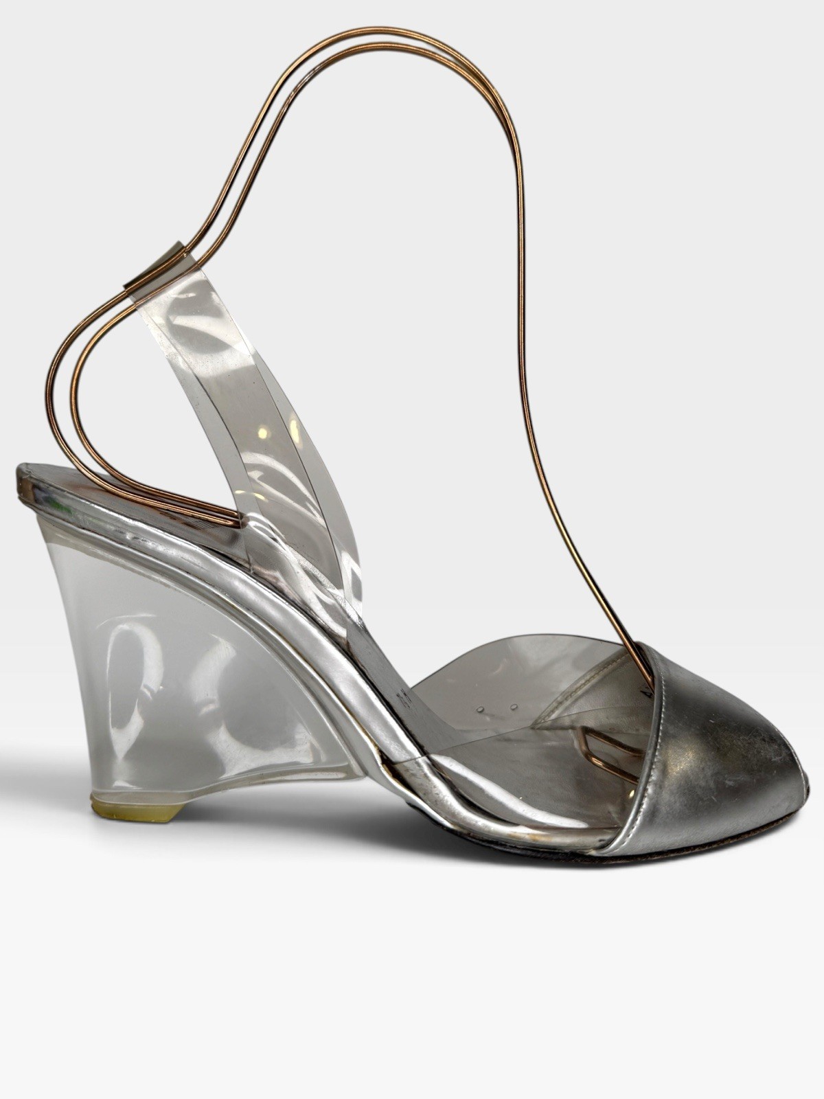 Vintage Stuart Weitzman 37.5 Wire-Cage Clear Vinyl Wedge Sandals Silver Lucite