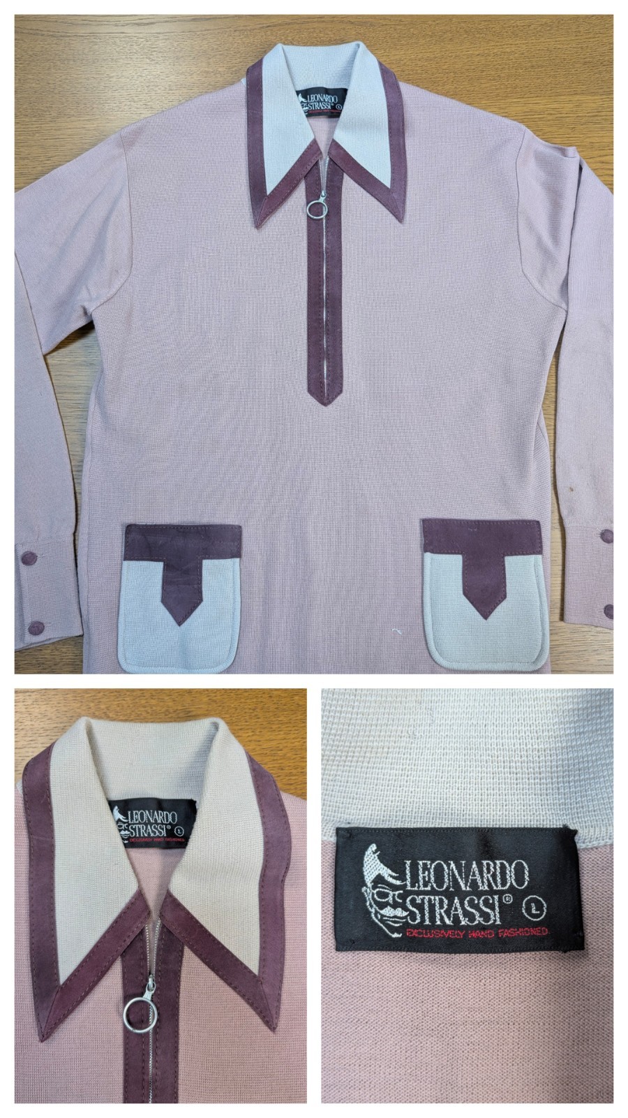 Vtg 70s Leonardo Strassi Italian Wool Knit Suede Polo ½ Zip Dagger Collar READ L