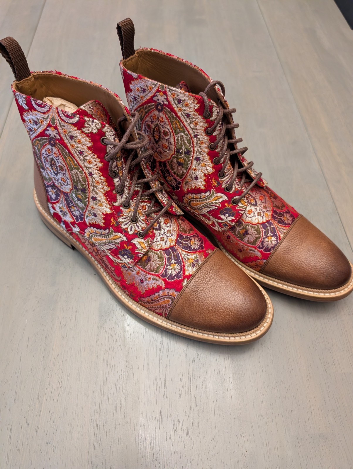 Beautiful TAFT Jack Boots in Red Paisley Jaquard And Brown Leather Size 9