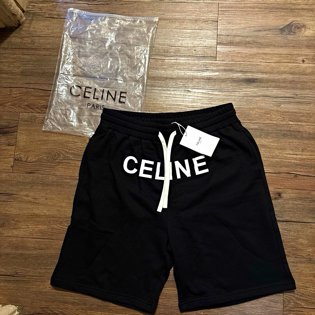 CELINE Men’s Black Logo Drawstring Elastic Waist Sweat Shorts Pockets