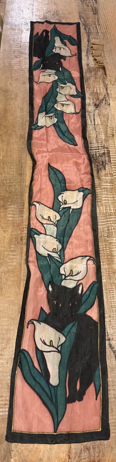 One of a kind hand painted silk scarf with black cat and Calla Lily Design