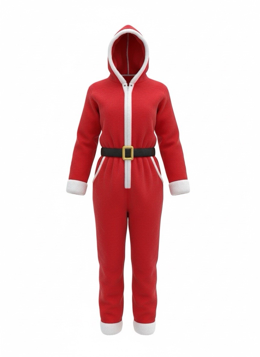 Plush Santa Hooded One Piece Costume/PJ’s/Loungewear, Adult Unisex Sz Small