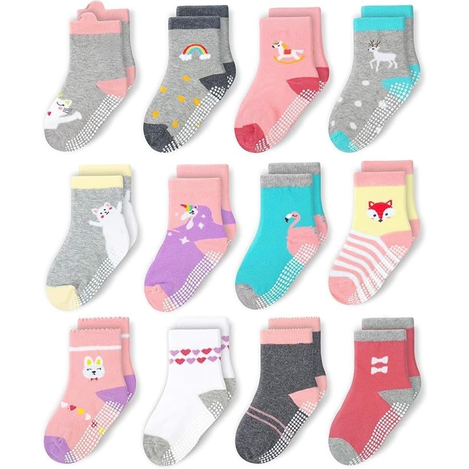 Non-Slip Crew Grip Socks Girls Animals - 12 pairs, 3-5 Years Old