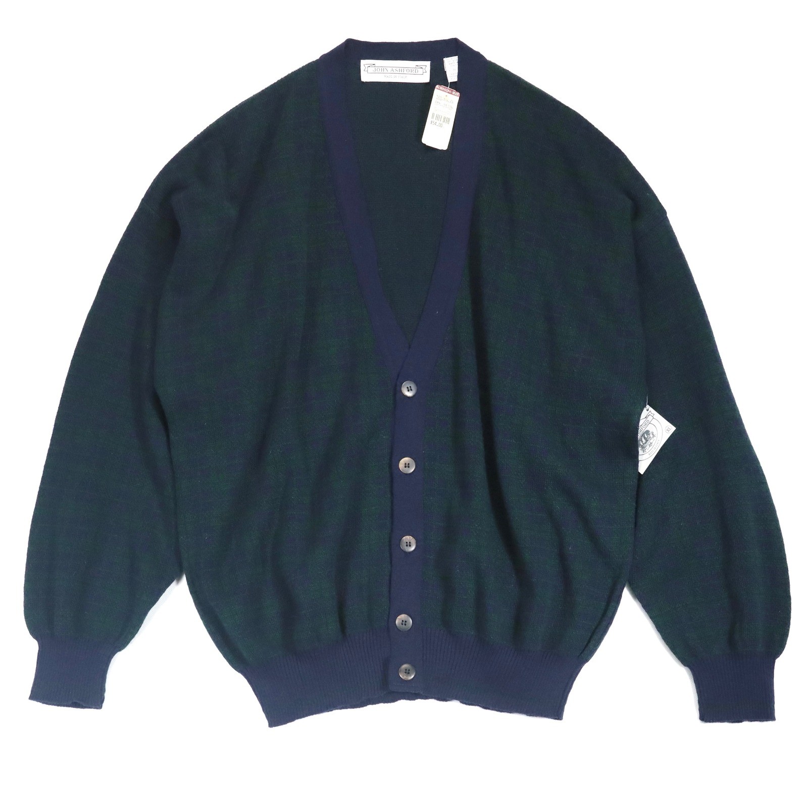 VTG John Ashford Cardigan Mens XL NWT Acadamia Navy Green Plaid Wool Blend Italy