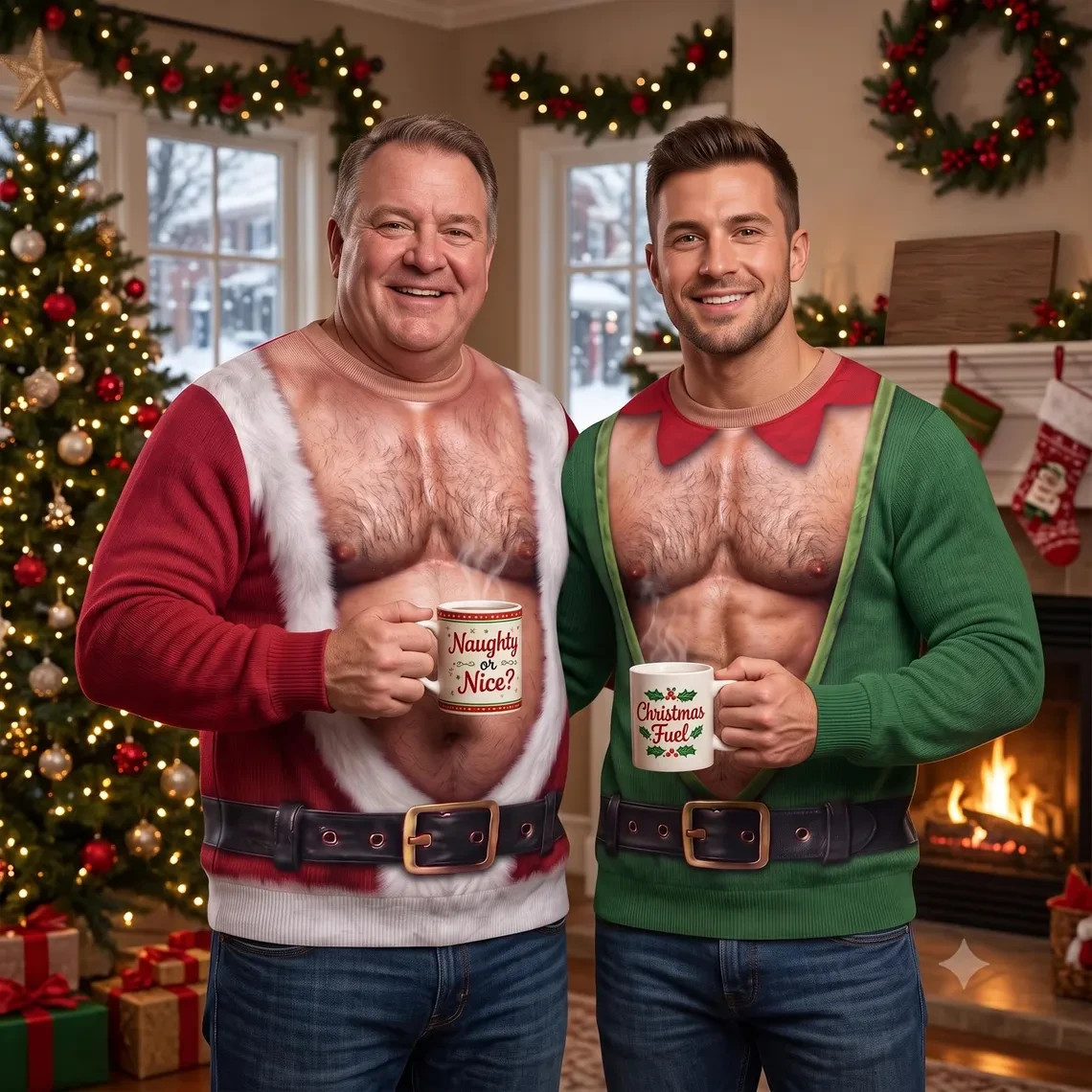 3D Fake Abs Hairy Santa Sweatshirt, Funny Santa Fat Belly Ugly Christmas Sweater