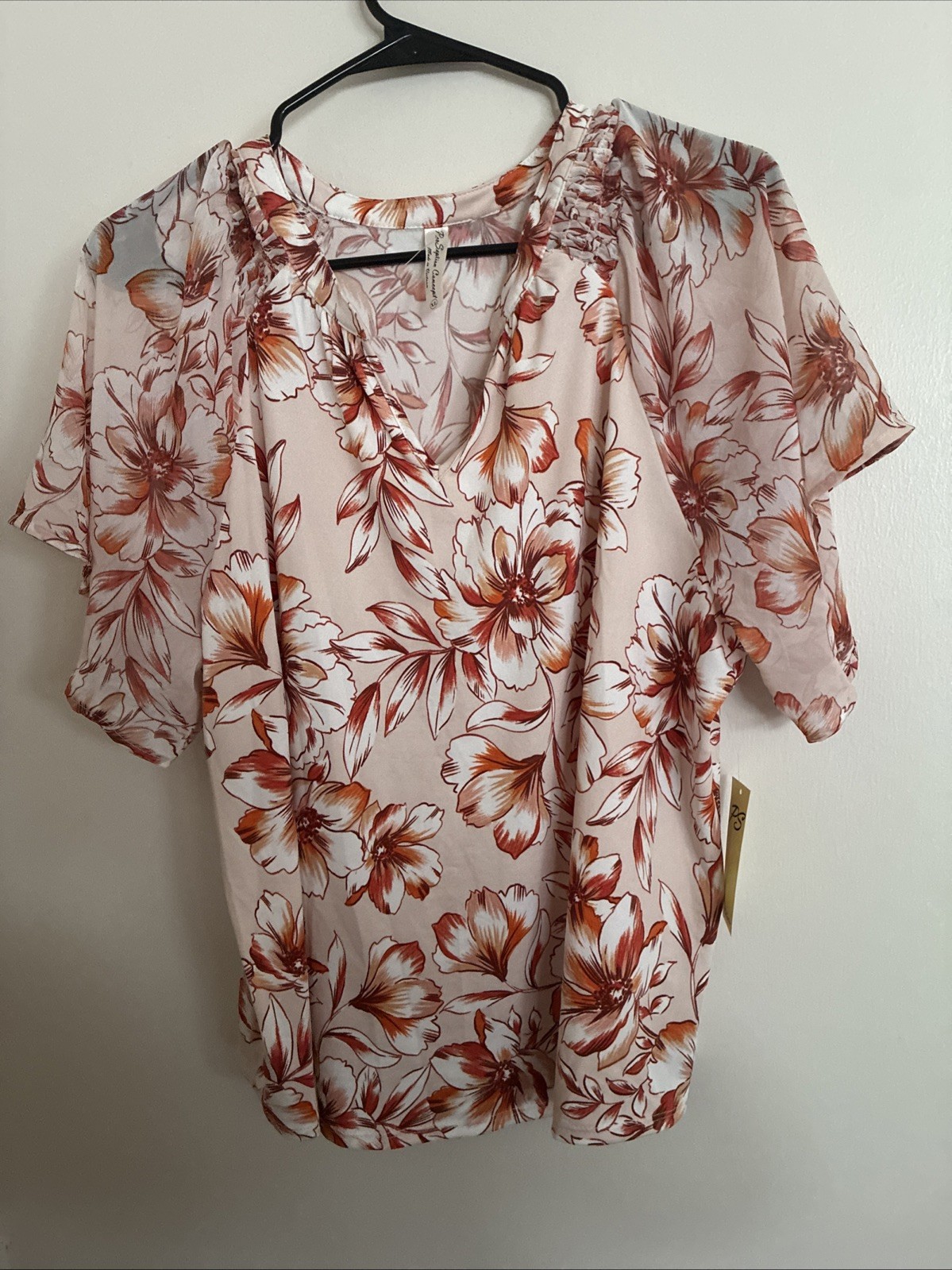 Perception Concept Pink Floral V-Neck Short Sleeve Polyester Pullover Blouse XL
