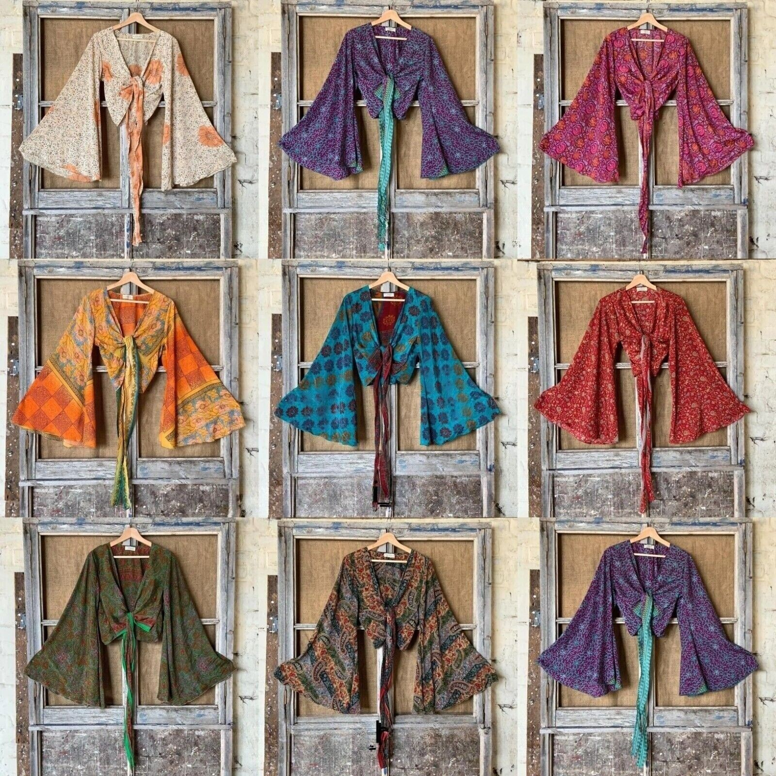 Wholesale 5 Pc Indian Vintage Silk Sari Bell Sleeve Crop Top Retro 60s Clothing
