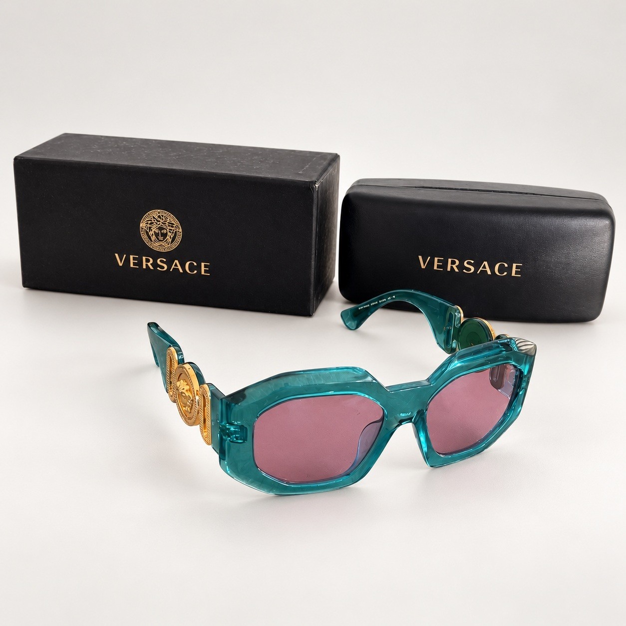 Versace Teal Square Medusa Sunglasses Pink Lenses NEW With Case & Box Unisex