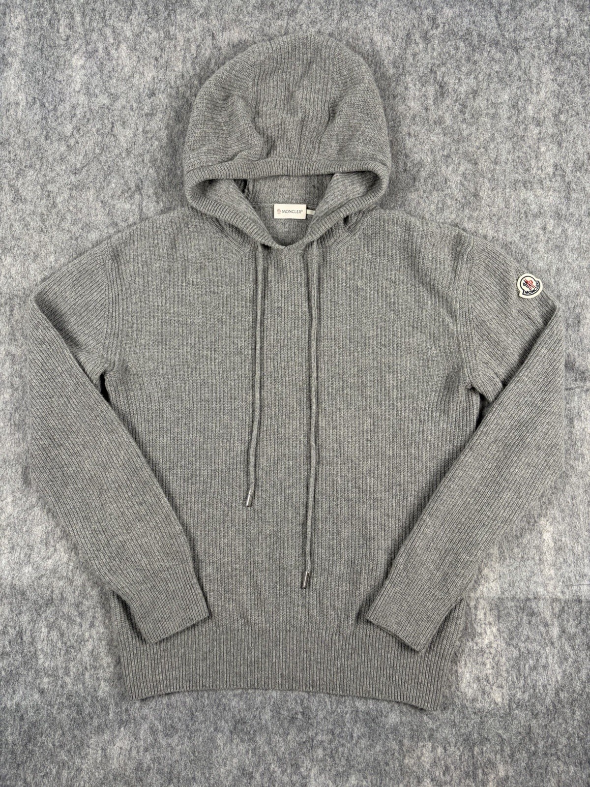 Moncler Hoodie Mens M Gray Ribbed Knit Cashmere Wool Girocollo Con Cappuccio