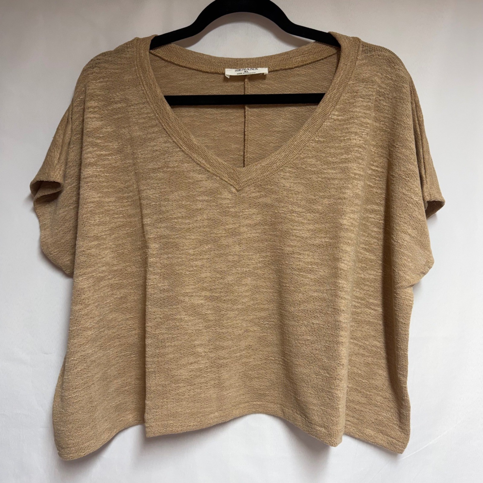Zenana Tan Marl Beachy Lightweight Knit Boxy Short Sleeve Top Crop XL NWOT