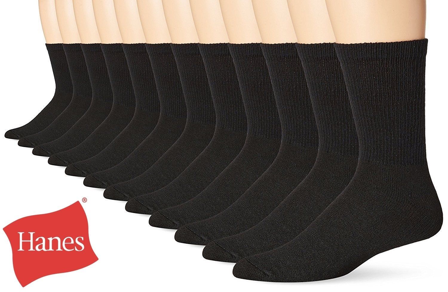 12 Pairs Hanes Premium Men\'s Socks, Crew, Black, size 6-12