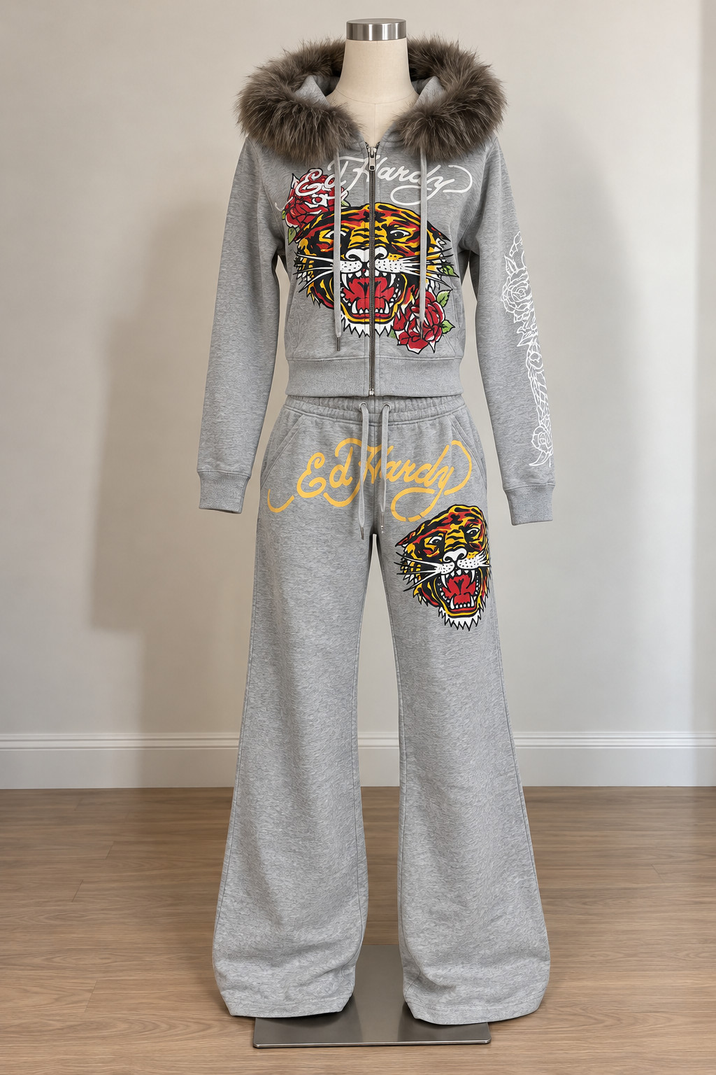 Ed Hardy grey Tiger Design Zip up Faux Fur Hoodie & wide leg trouser Large