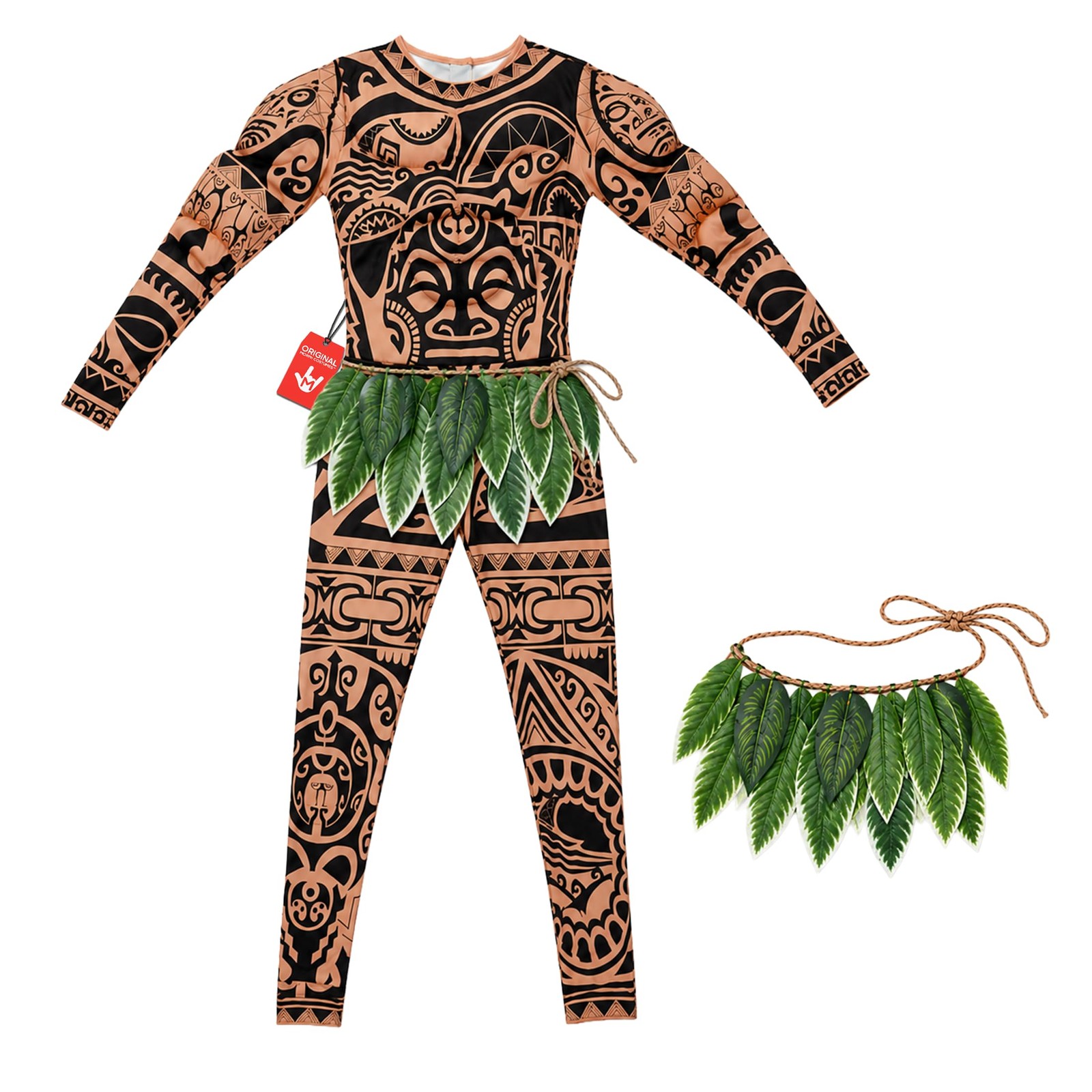 Mens Maui Costume Adult Tattoo Warrior Hawaiian Polynesian Demi God Bodysuit