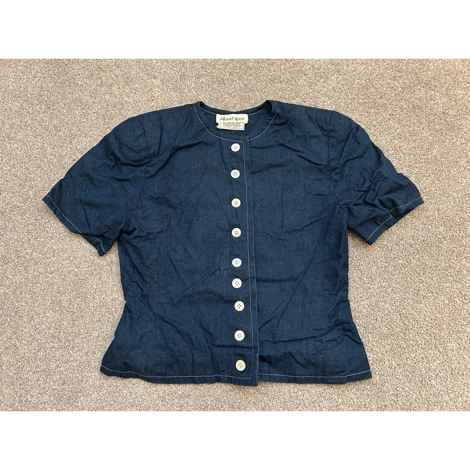 90s Albert Nipon Top Women 12 Blue Excellent Vintage Bergdorf Goodman Denim Look