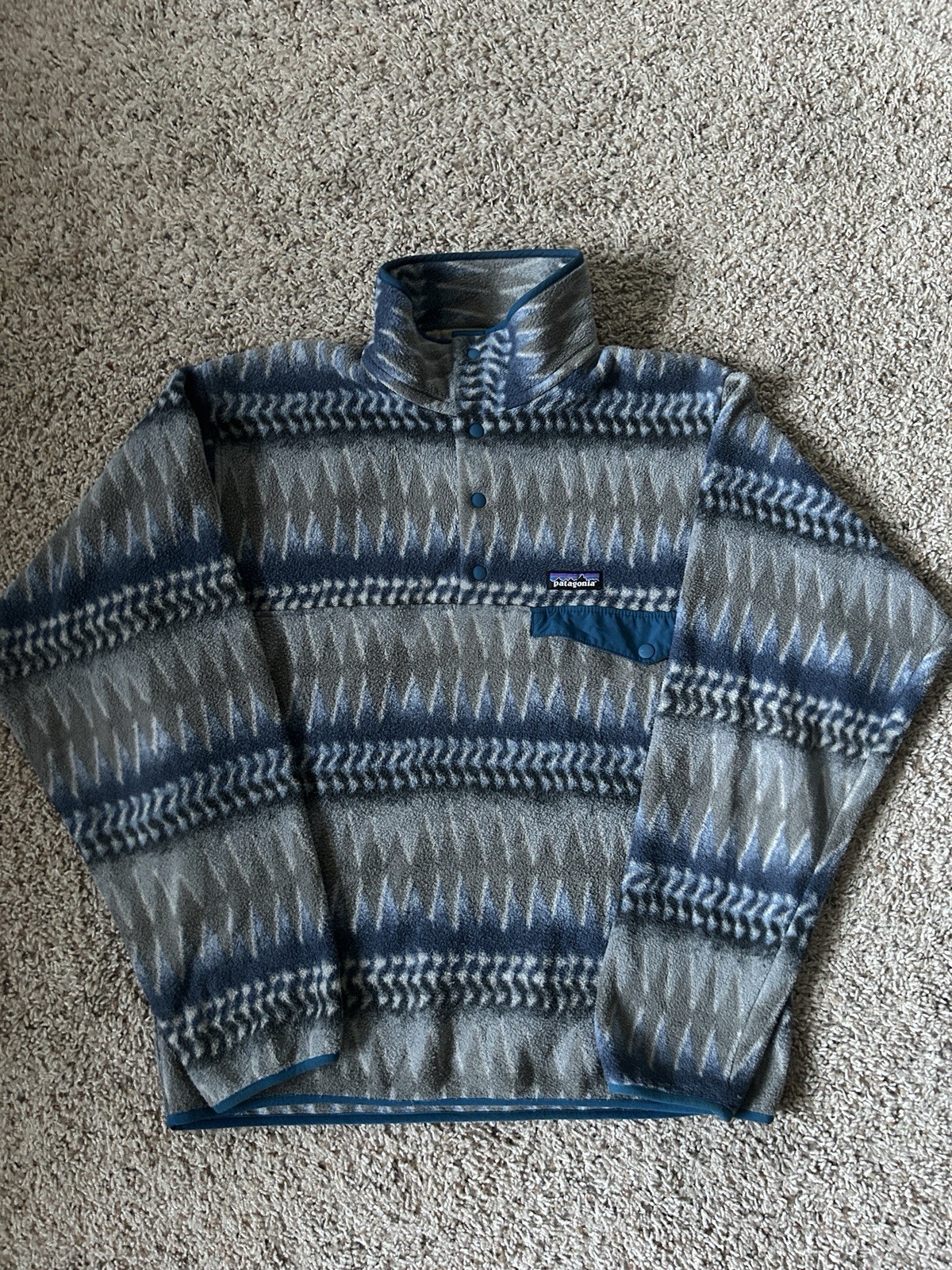 Patagonia Synchilla Men’s Small Snap T Fleece Pullover Laughing Waters AOP Aztec