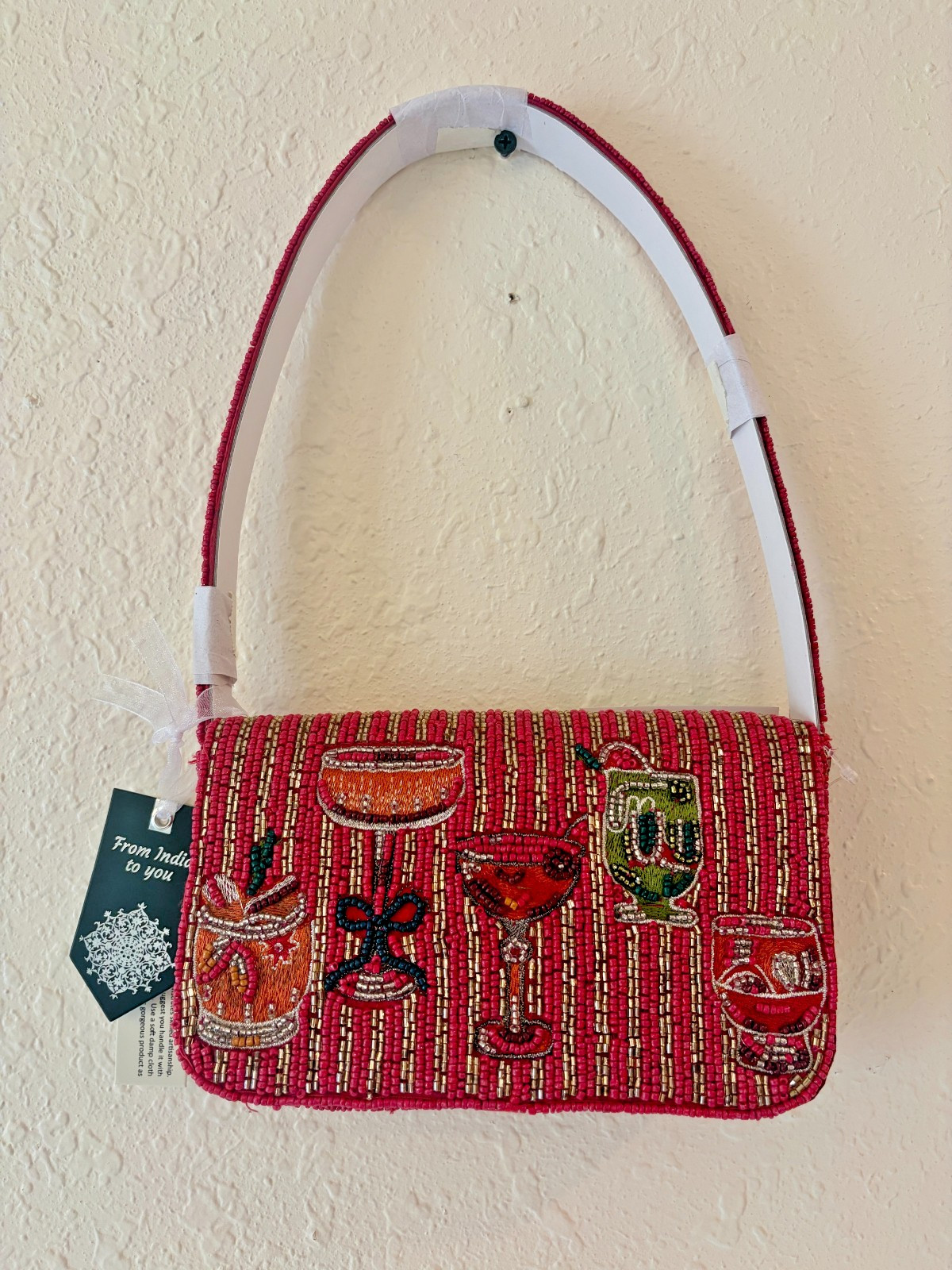 Deep Red Striped Beaded Embroidered Bag Magnetic Lined Gold VIRAL Tik Tok