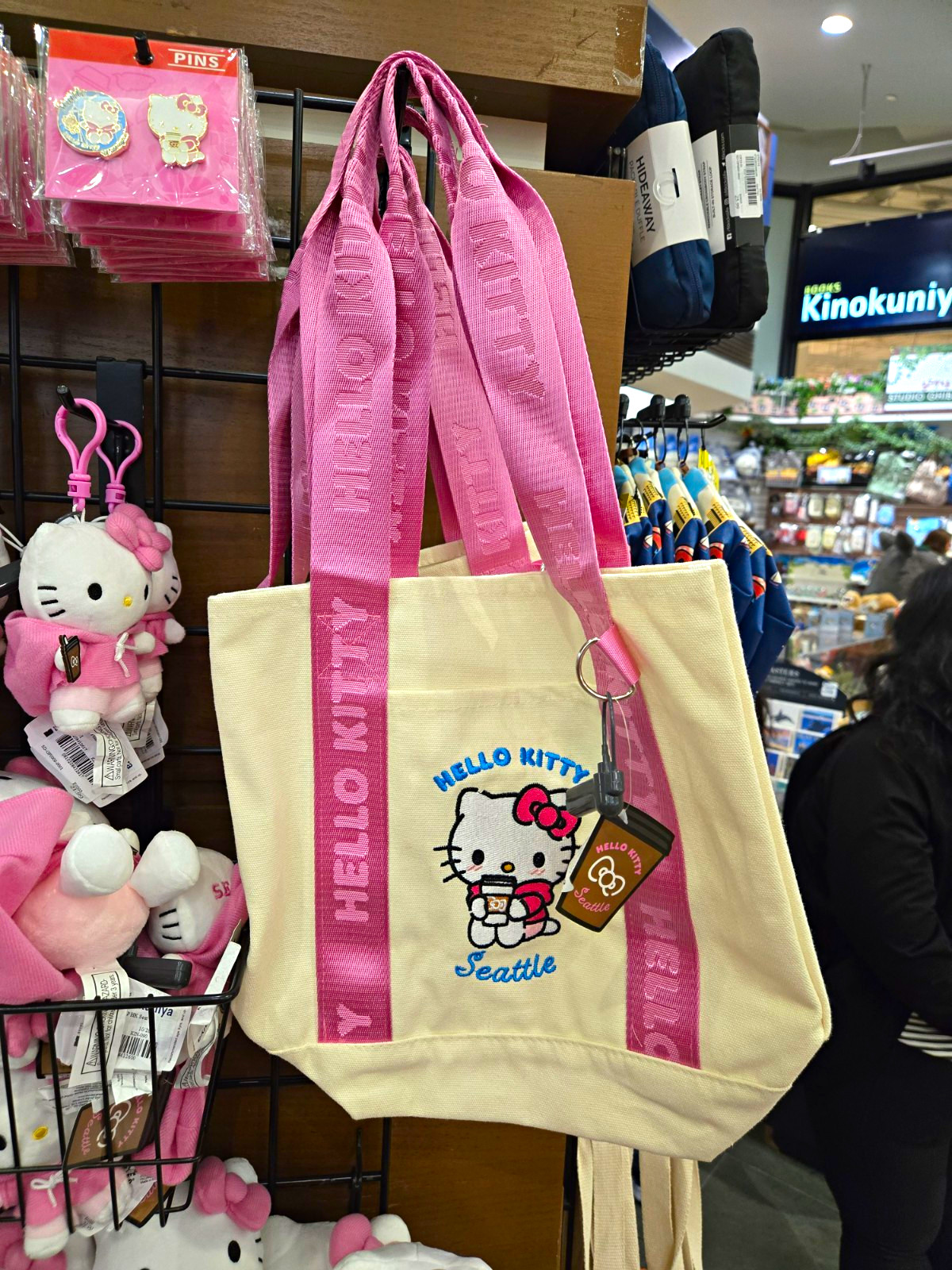 Hello Kitty Seattle Canvas Tote Handbag Beige/Pink Double Handles Charm