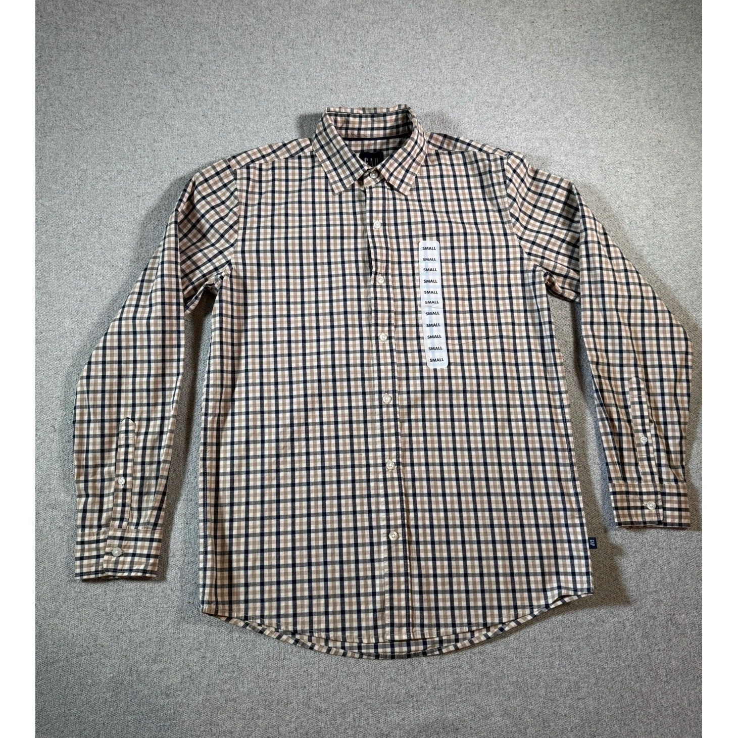 GAP Mens Plaid Button Down Shirt Long Sleeve Casual Beige Navy Check Size S NWT