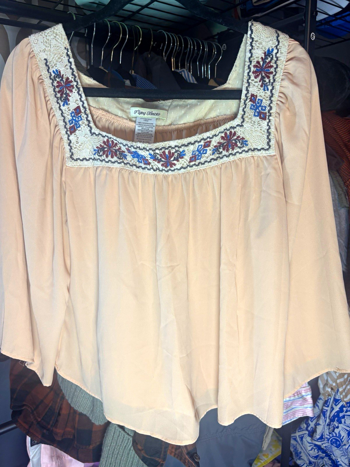 Flying Tomato Women\'s Large Blush Peach Boho Embroidered Lace Peasant Blouse LG