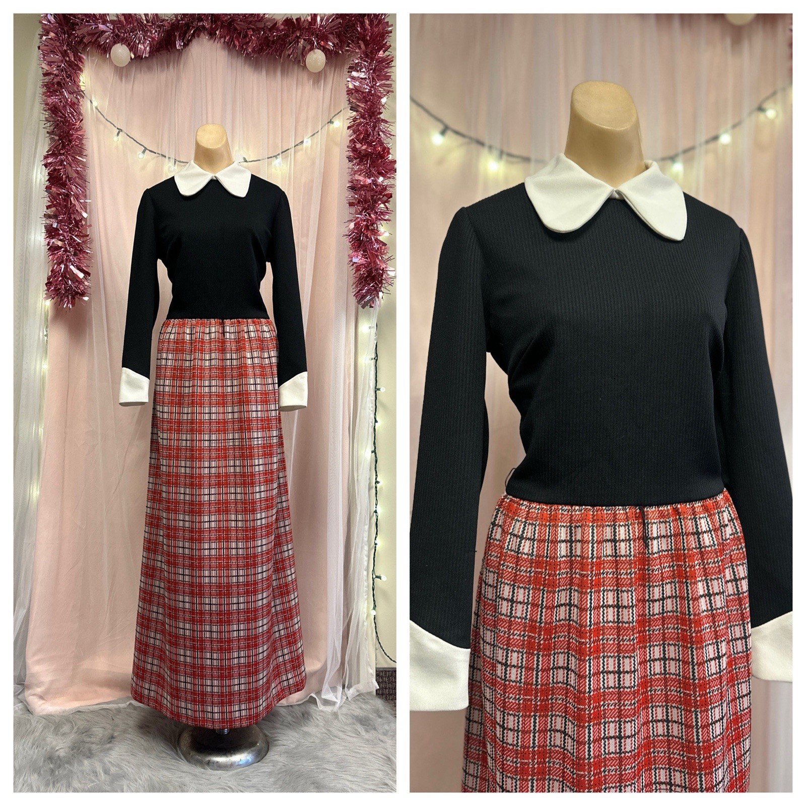 Vintage 60s 70s Preppy Plaid Maxi Dress Black Red Collared Twee Mod Retro M/L