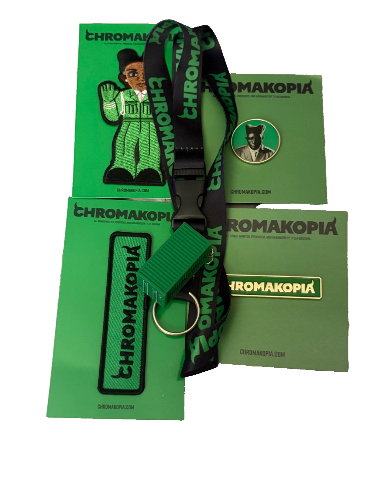 tyler the creator chromakopia merch. Patches, pins, lanyard, keychain.