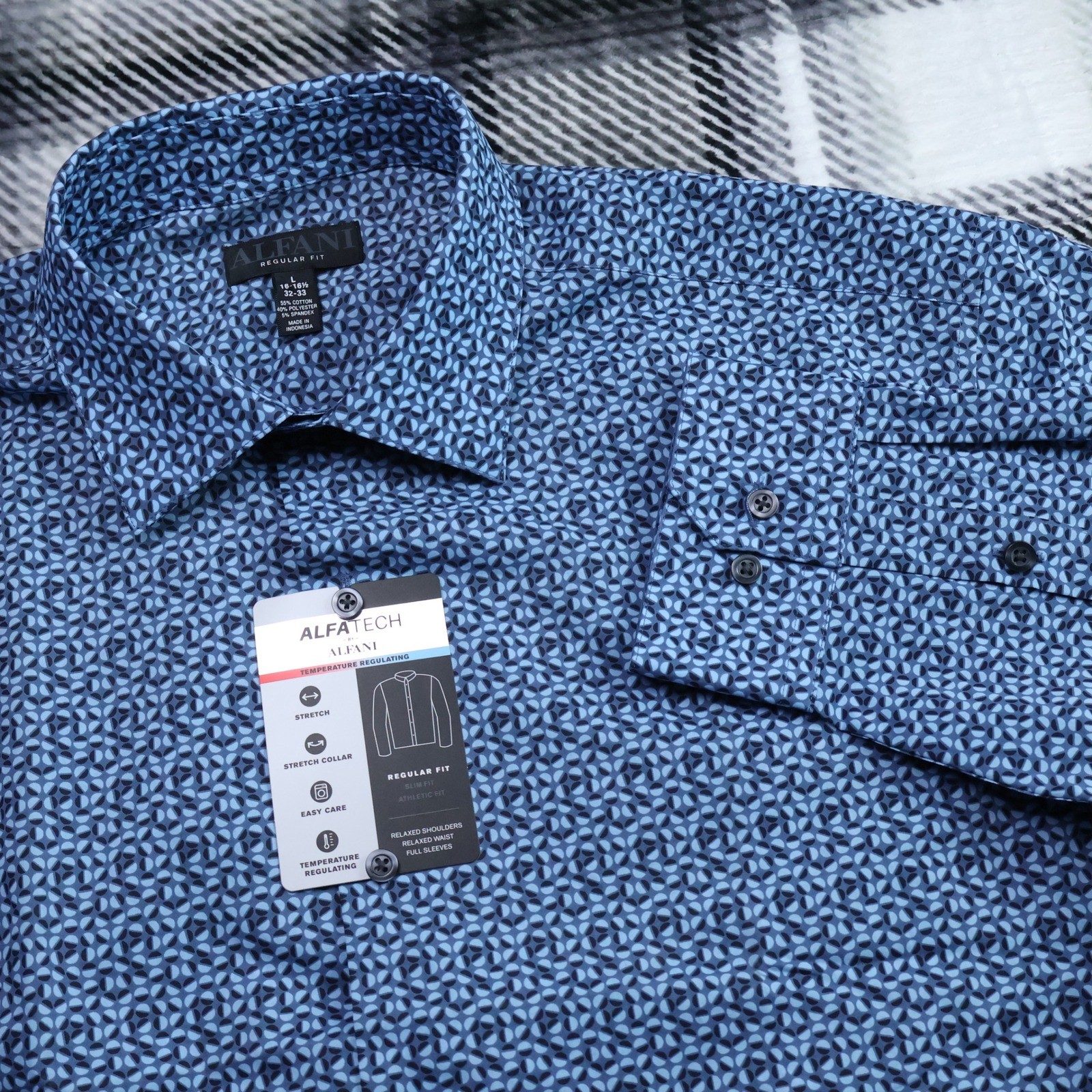 Alfani AlfaTech Mens Regular Fit Stretch Dress Shirt Blue Navy Geometric L NEW