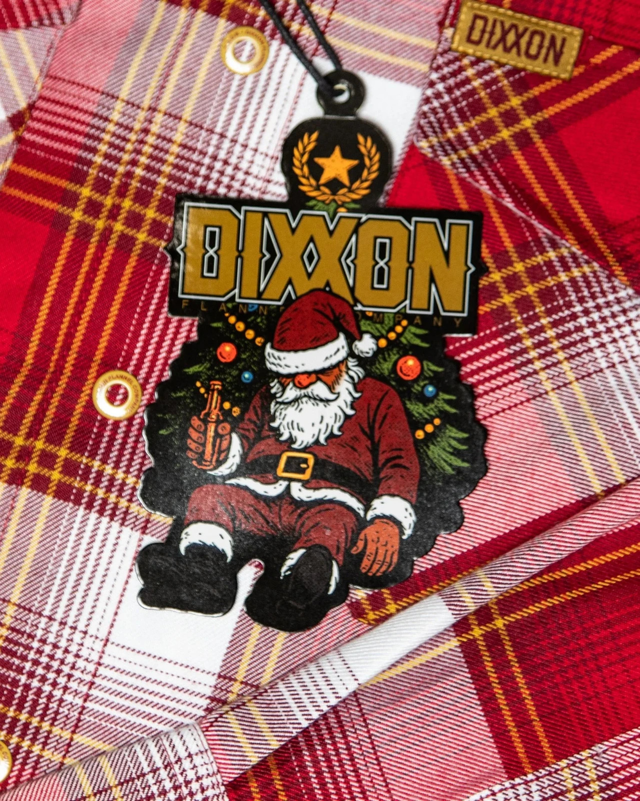 DIXXON Flannel Noel Sz L Festive Christmas X-Mas Red Gold Snaps Drunk Santa  