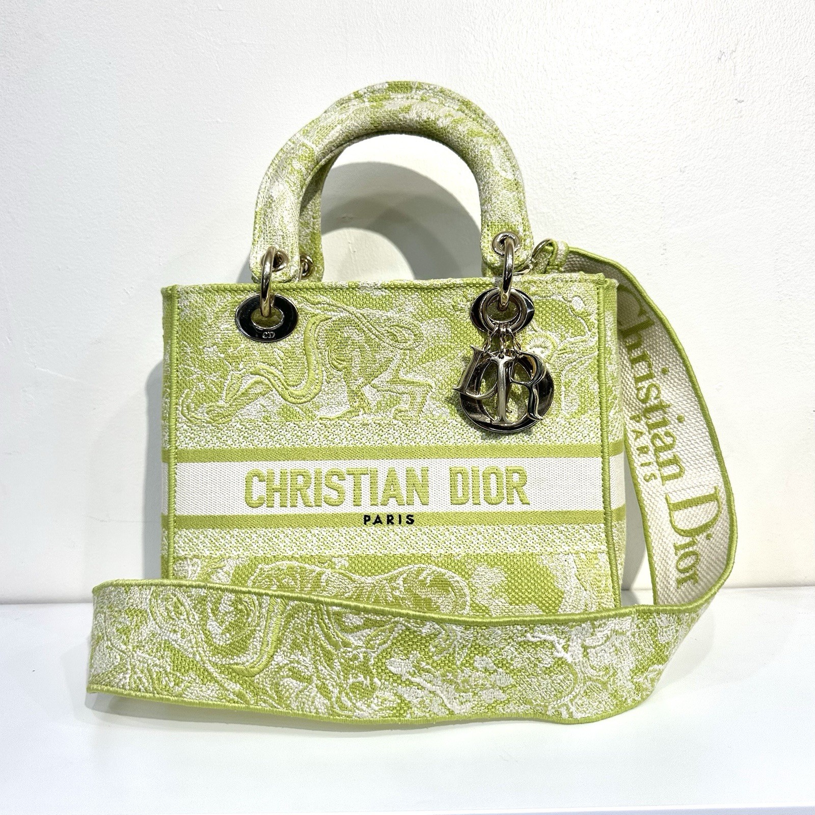 Christian Dior D-Lite Toile de Jouy Green White Embroidered Canvas 2 Way Bag