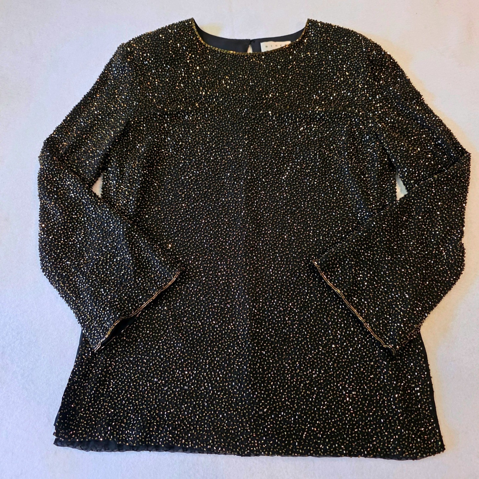 Bieff Basix Vintage Silk Beaded Blouse Black Gold Evening Top Size 14