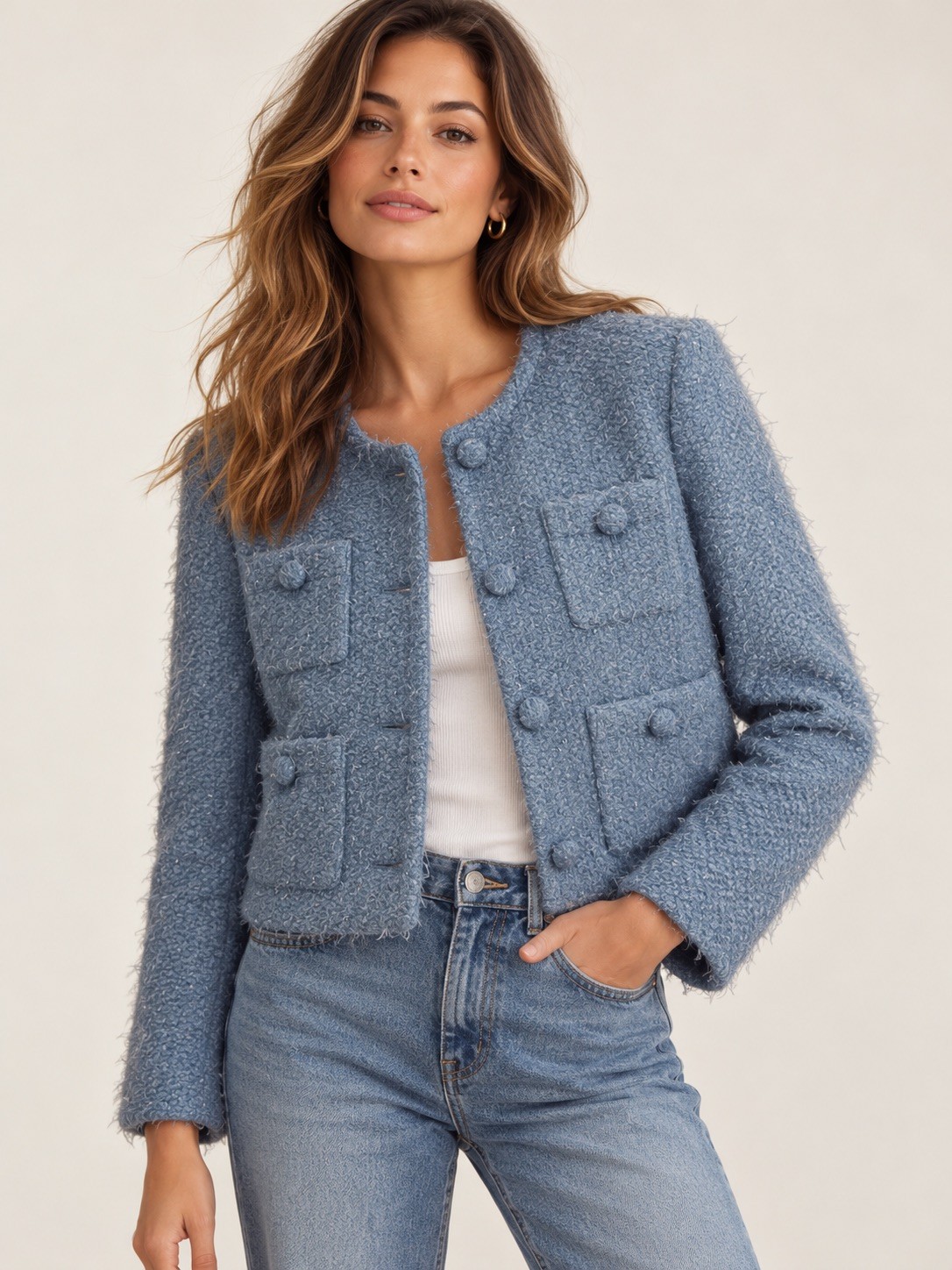 Mango Women\'s M Blue Metallic Tweed Fringe Trim Lined Blazer Jacket Workwear