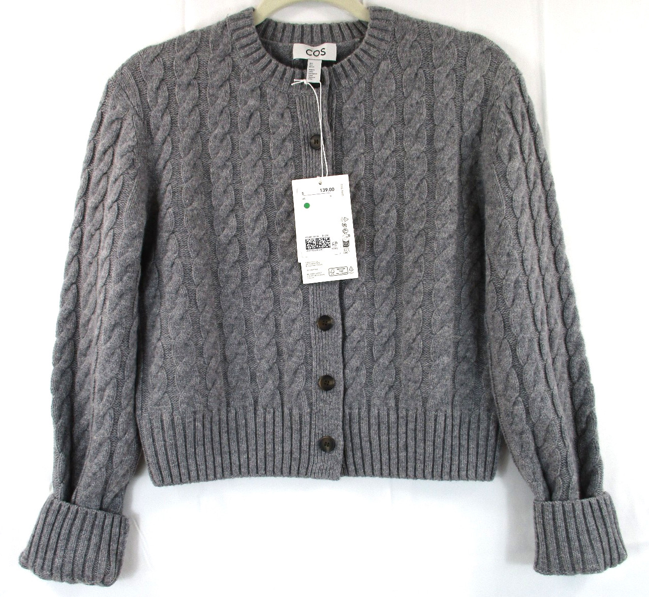 -NWT COS 100% Wool Women\'s Cable Knit Cardigan Grey Sz S