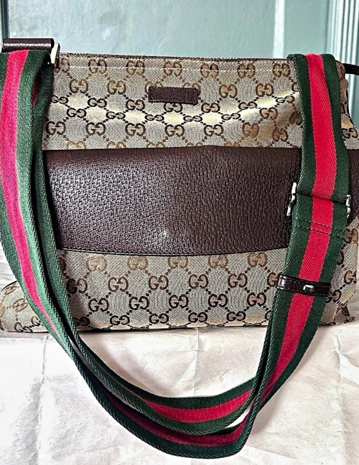 Gucci GG Monogram Signature Web Small Messenger Crossbody Bag in Brown