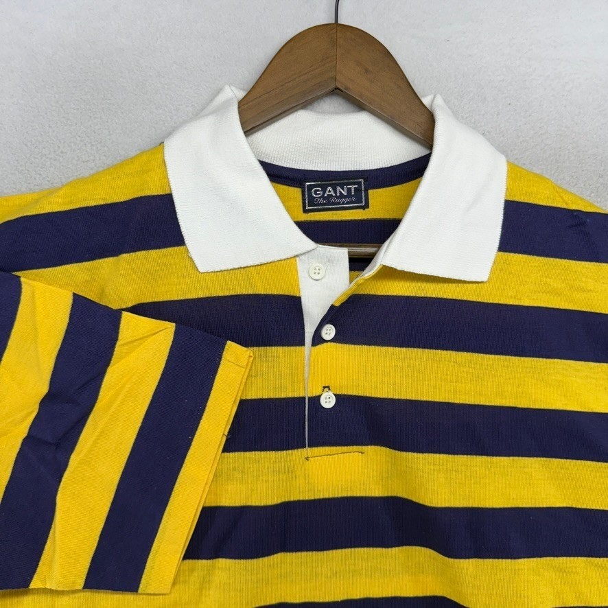 Vintage Gant Polo Shirt Mens XL Yellow Blue The Rugger Striped Deadstock 70s ivy