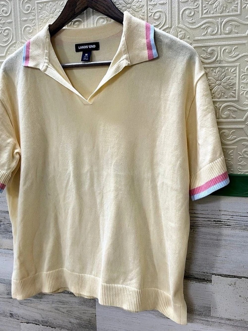 Lands\' End Striped Trim Polo Sweater in Cream & Pink Size Medium