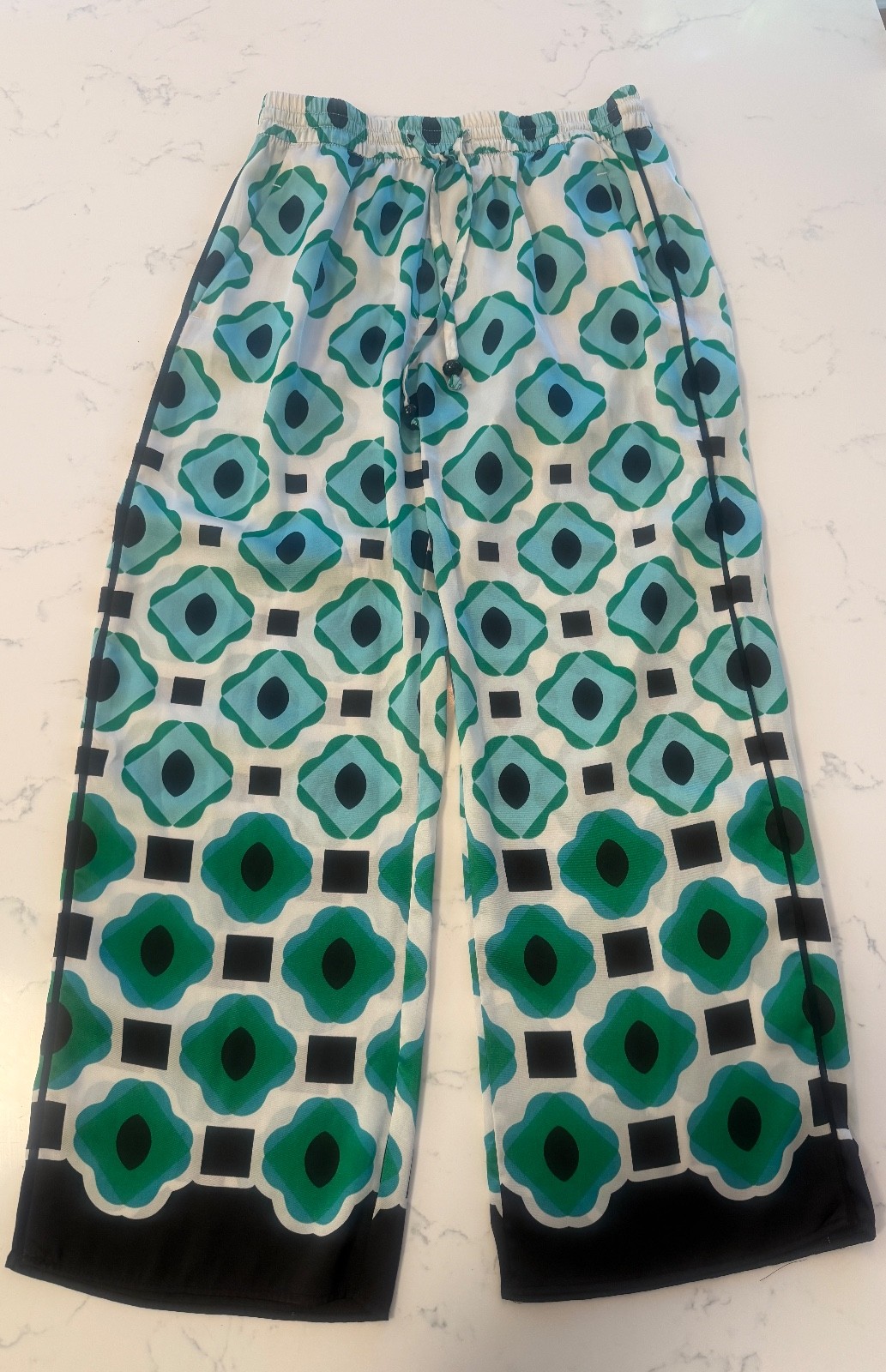 Zara Geometric Satin Wide Leg Pants Pajama Style Blue/Green Medium pockets