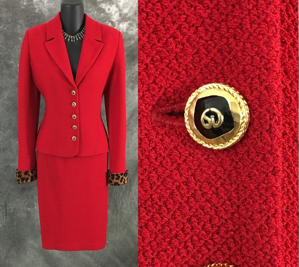 BEAUTIFUL St John collection knit red multi jacket skirt suit size 4