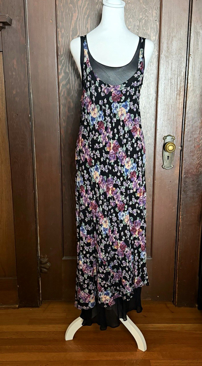 90’s Nostalgia Whimsy Asymmetrical Practical Magic Black Floral Dress Size Large