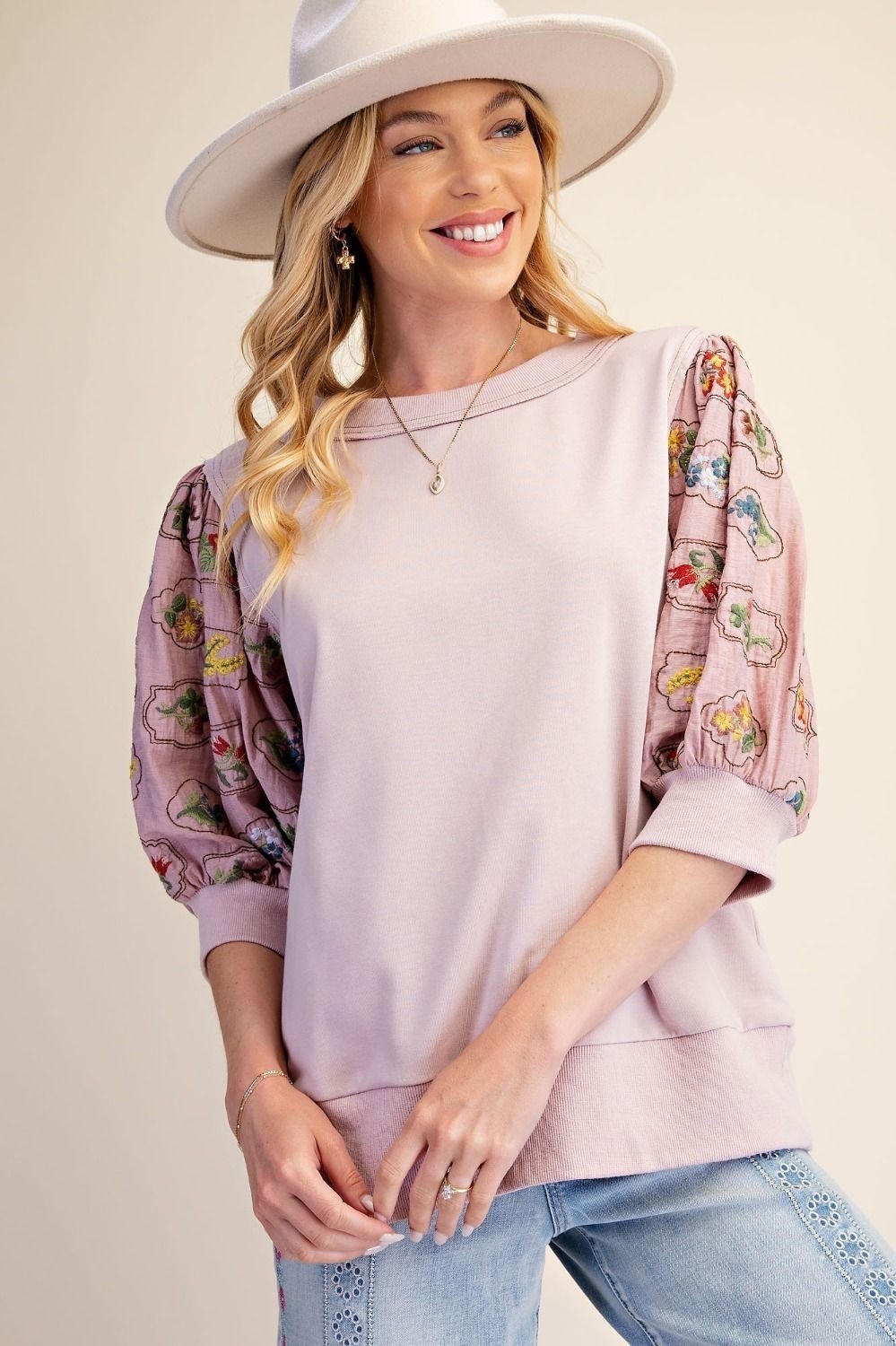 Easel Women’s Embroidered Terry Knit 3/4 Sleeve Top in Dusty Rose Pink