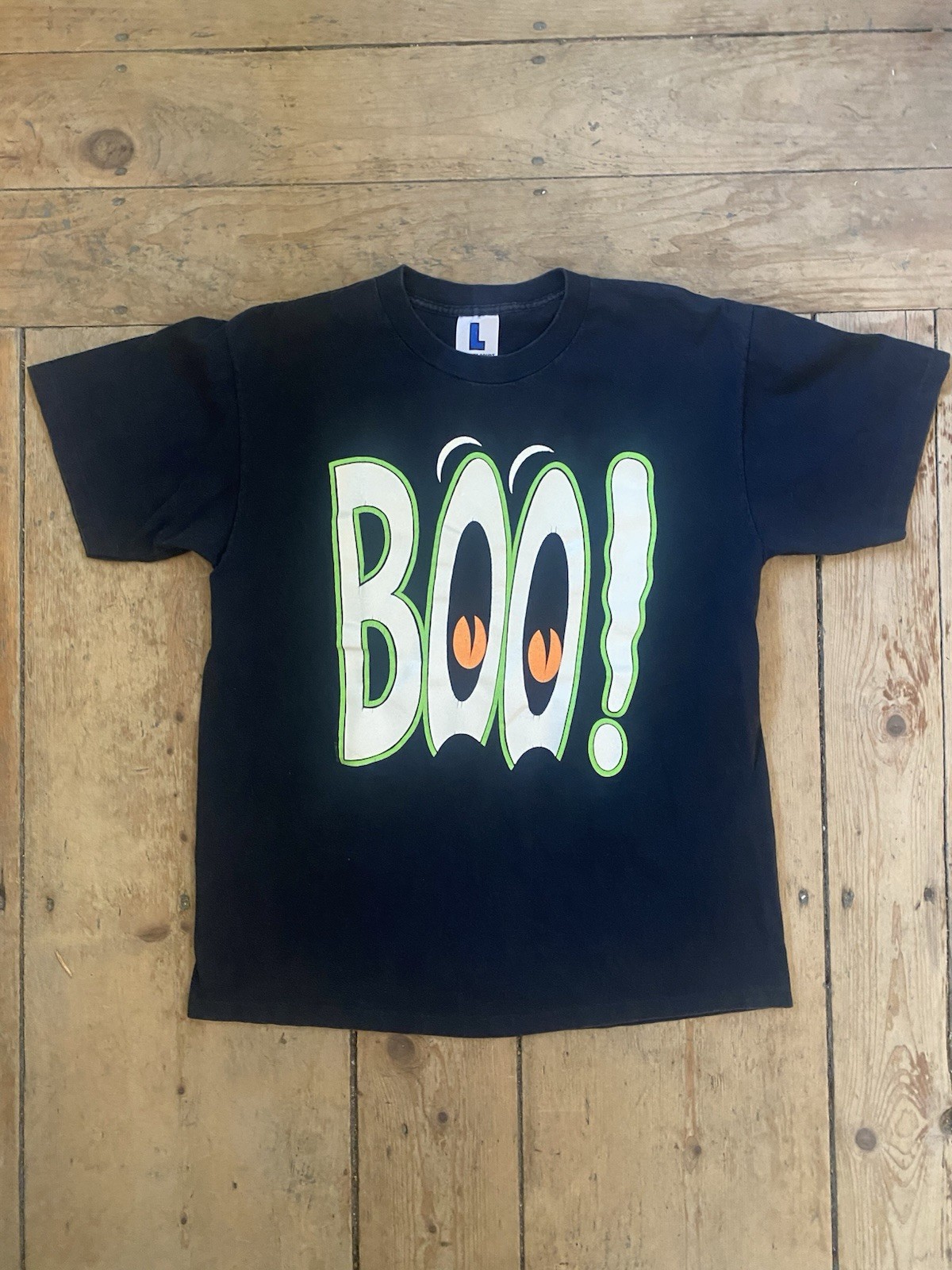 Vintage 80s Halloween Graphic T-shirt Boo Black Single Stitch Large Costume Eyes