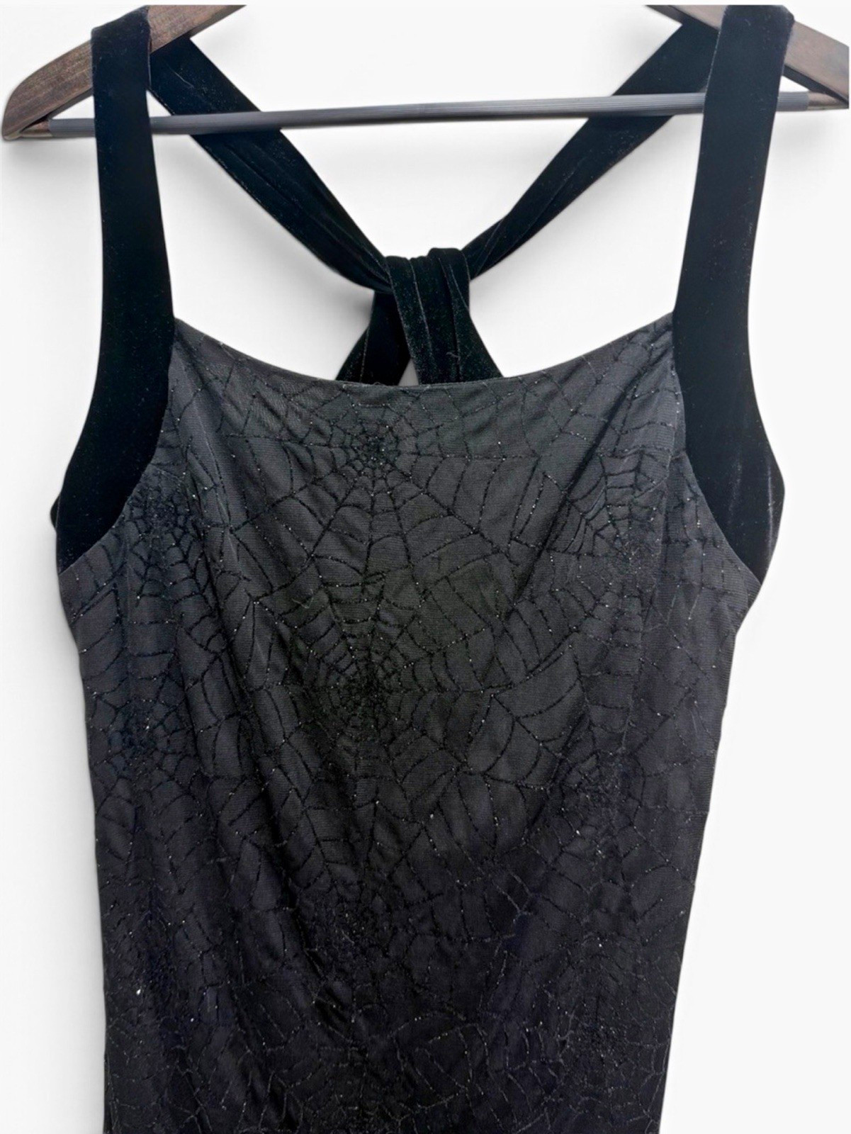 Vintage 90s Glitter Spiderweb Velvet Cross-Back Maxi Dress Size 14