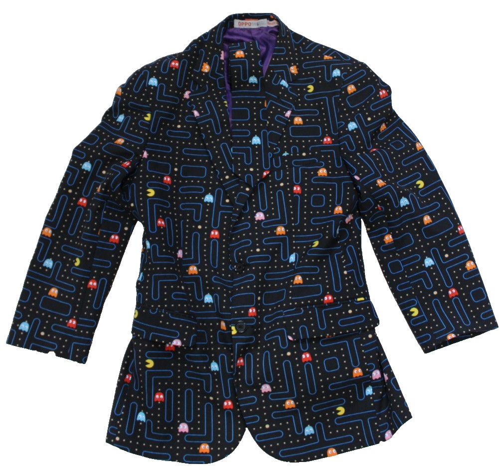 Opposuits Pac-Man Jacket & Tie Set Men\'s Size 38 Black All Over Print Cosplay
