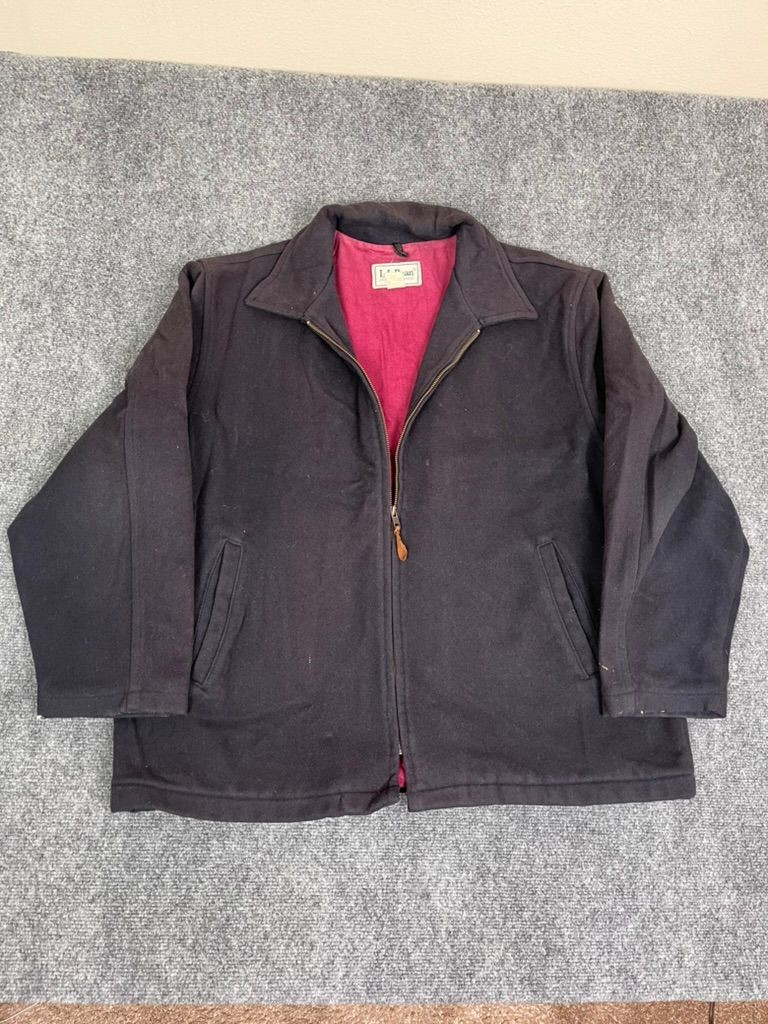 Vintage LL Bean Jacket Large Black FADED Wool Bomber Coat Red Lined USA