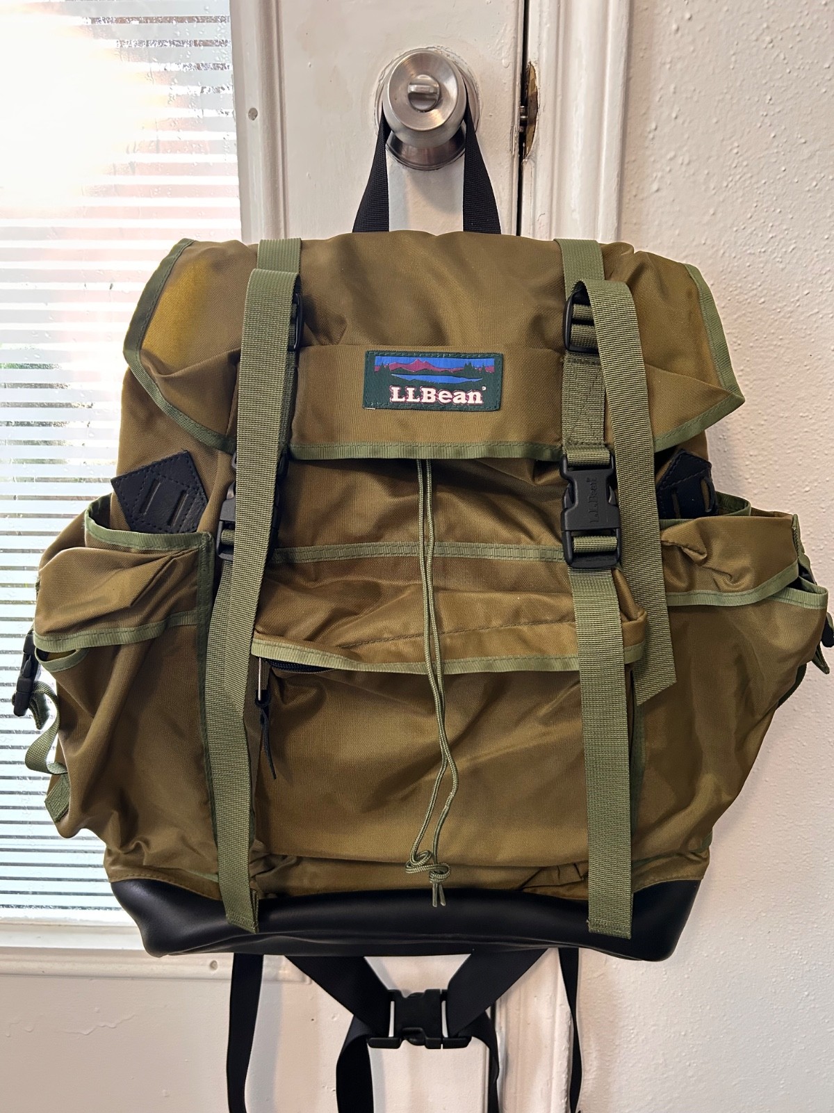 LL Bean Continental EUC vintage green nylon leather base military backpack